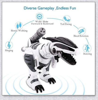 Intellisaur remote-controlled dinosaur toy robot with flexible movements, touch-sensitive mode, and exciting sucker bullet battles