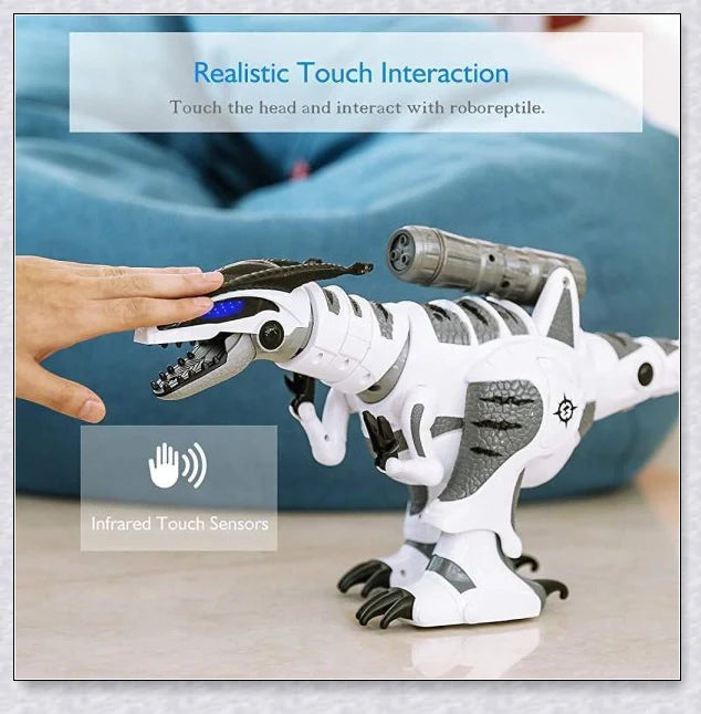 Intellisaur remote-controlled dinosaur toy robot with flexible movements, touch-sensitive mode, and exciting sucker bullet battles