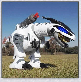 Intellisaur remote-controlled dinosaur toy robot with flexible movements, touch-sensitive mode, and exciting sucker bullet battles