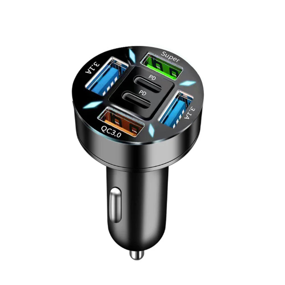 66W 4-Port USB Car Charger with Quick Charge 3.0 and Power Delivery for fast charging of multiple devices in the car