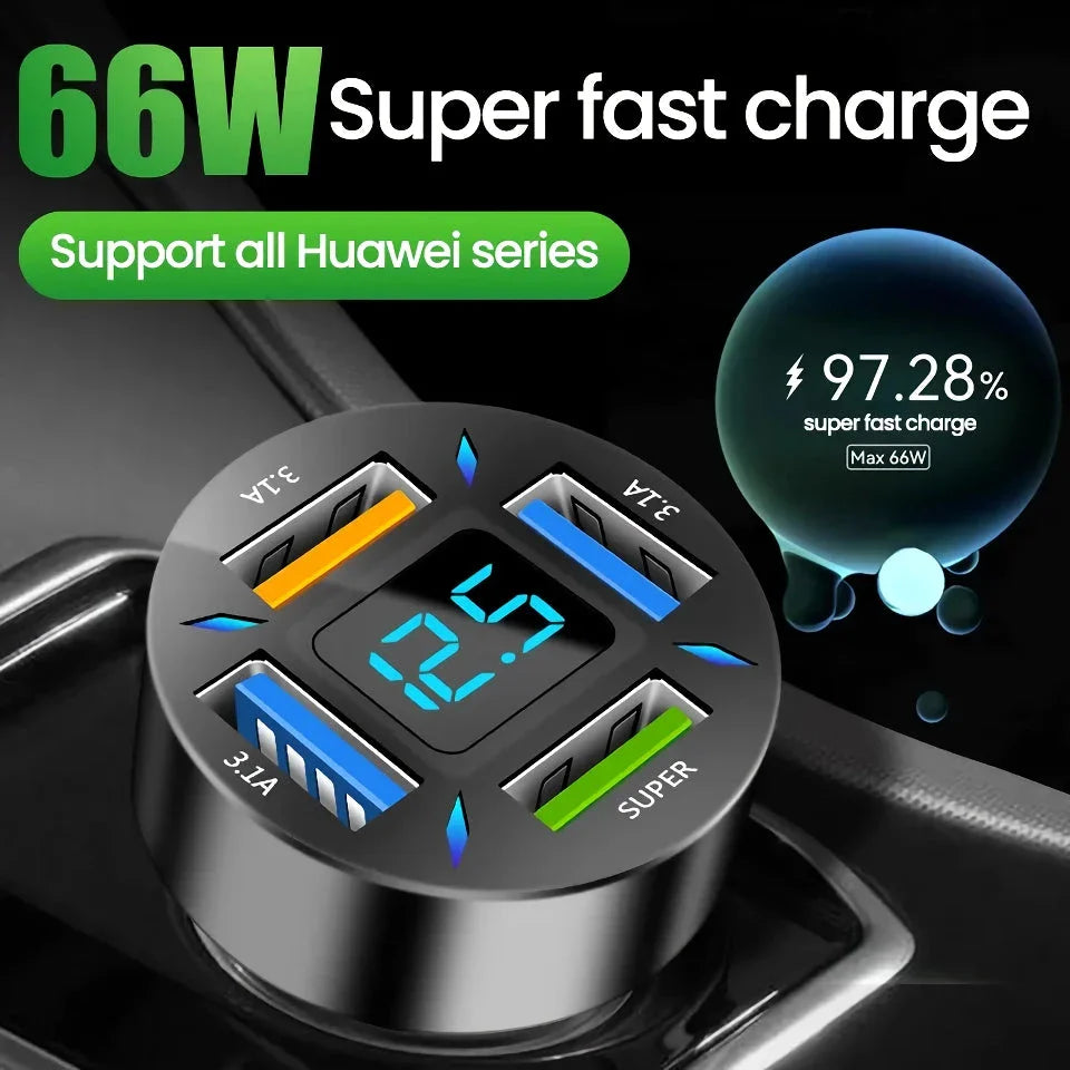66W 4-Port USB Car Charger with Quick Charge 3.0 and Power Delivery for fast charging of multiple devices in the car