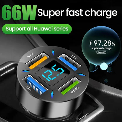 66W 4-Port USB Car Charger with Quick Charge 3.0 and Power Delivery for fast charging of multiple devices in the car
