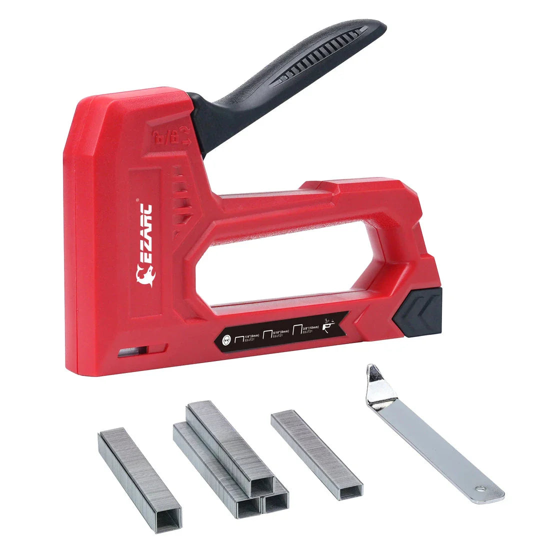 A hand staple gun kit with a red body, including a staple remover and a supply of staples in various sizes