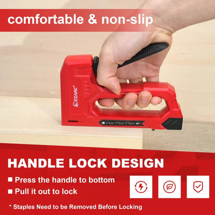 A hand staple gun kit with a red body, including a staple remover and a supply of staples in various sizes