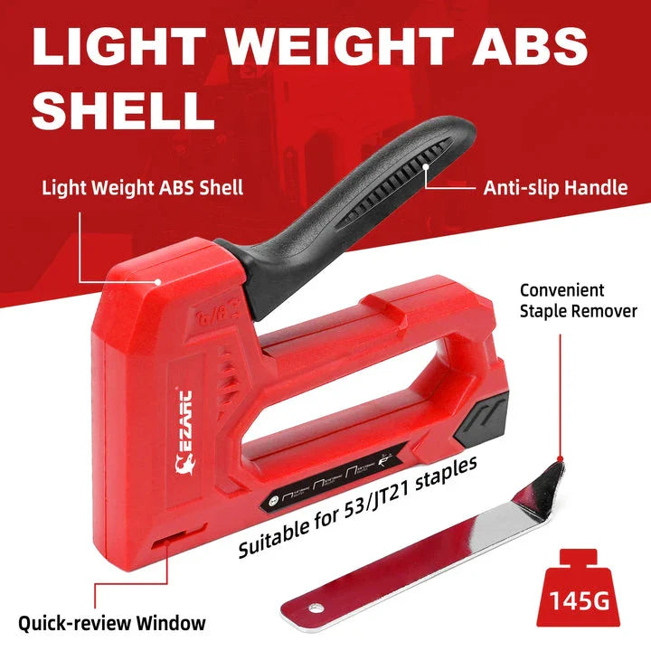 A hand staple gun kit with a red body, including a staple remover and a supply of staples in various sizes