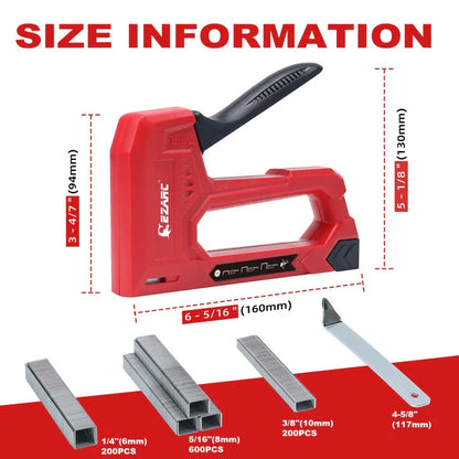 A hand staple gun kit with a red body, including a staple remover and a supply of staples in various sizes
