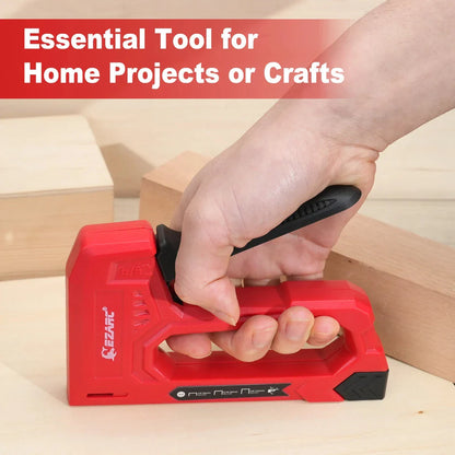A hand staple gun kit with a red body, including a staple remover and a supply of staples in various sizes