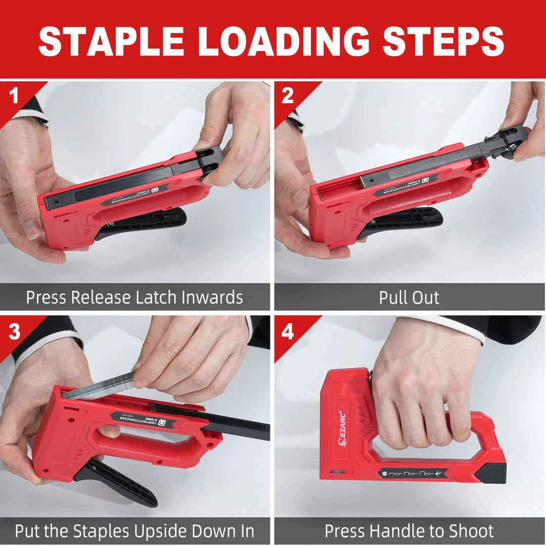 A hand staple gun kit with a red body, including a staple remover and a supply of staples in various sizes