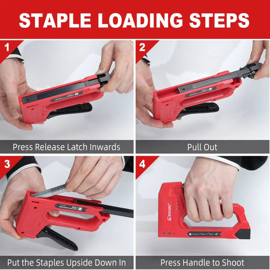 A hand staple gun kit with a red body, including a staple remover and a supply of staples in various sizes