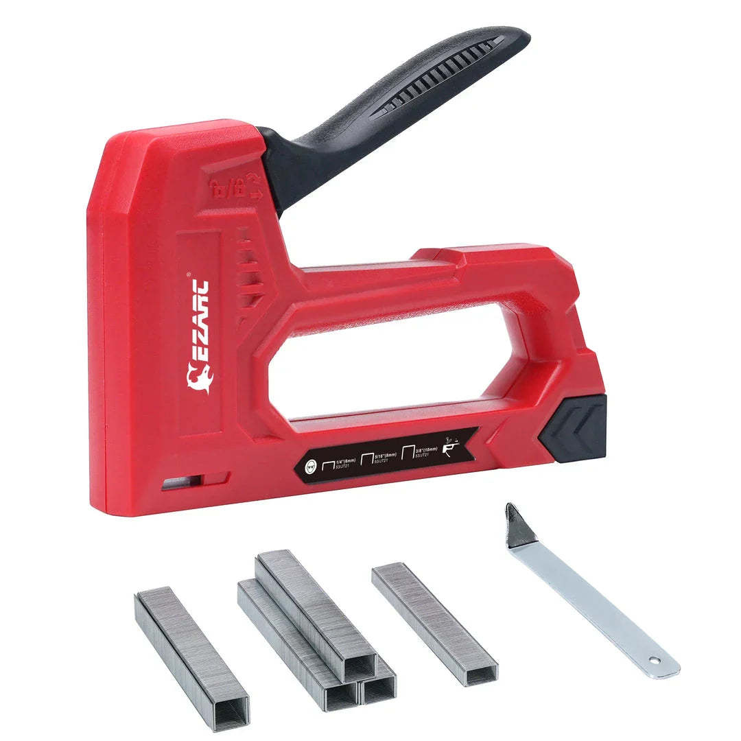 A hand staple gun kit with a red body, including a staple remover and a supply of staples in various sizes