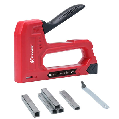 A hand staple gun kit with a red body, including a staple remover and a supply of staples in various sizes