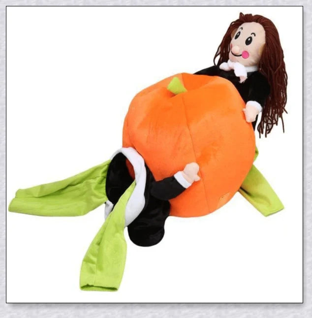 Adorable pumpkin-themed dog costume with adjustable Velcro closure and unique saddle arch design