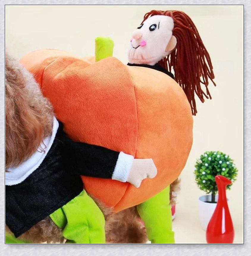 Adorable pumpkin-themed dog costume with adjustable Velcro closure and unique saddle arch design