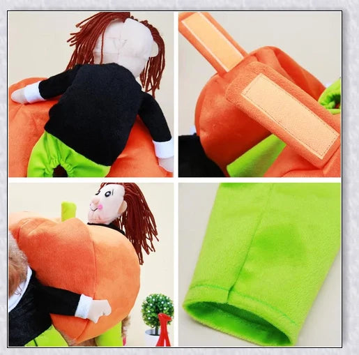 Adorable pumpkin-themed dog costume with adjustable Velcro closure and unique saddle arch design