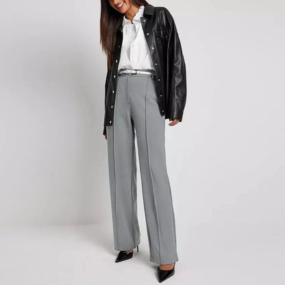 Elegant high waist pleated wide leg trousers for women in solid color with button detailing