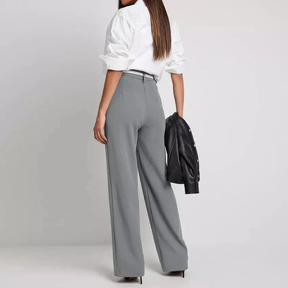 Elegant high waist pleated wide leg trousers for women in solid color with button detailing