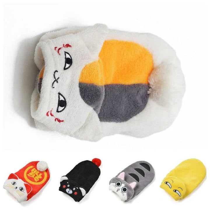 Coral fleece pet clothing in various sizes and colors for cats and dogs to stay warm and cozy during the winter season.