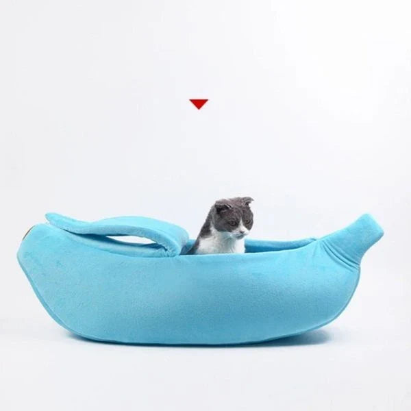 Comfortable banana-shaped pet sleeping bag made with soft, plush materials for cozy pet napping