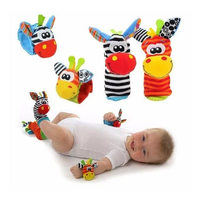Soft, cuddly plush rattle toy in vibrant animal shapes with Velcro wrist strap for infants and newborns