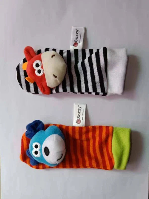 Soft, cuddly plush rattle toy in vibrant animal shapes with Velcro wrist strap for infants and newborns