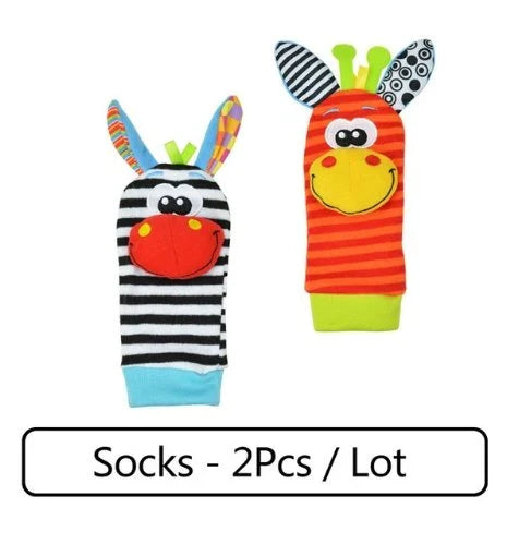 Soft, cuddly plush rattle toy in vibrant animal shapes with Velcro wrist strap for infants and newborns