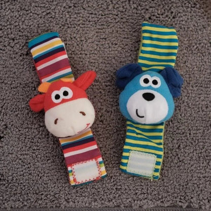 Soft, cuddly plush rattle toy in vibrant animal shapes with Velcro wrist strap for infants and newborns