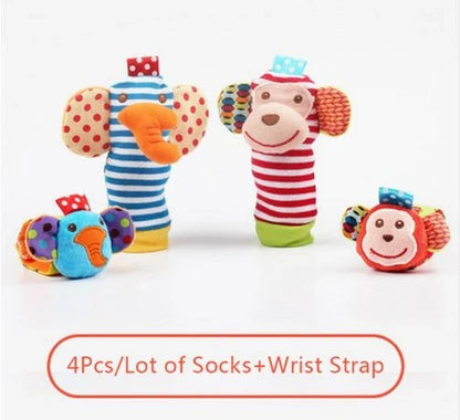Soft, cuddly plush rattle toy in vibrant animal shapes with Velcro wrist strap for infants and newborns