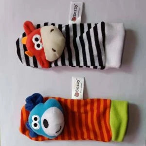 Soft, cuddly plush rattle toy in vibrant animal shapes with Velcro wrist strap for infants and newborns