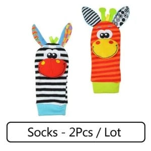 Soft, cuddly plush rattle toy in vibrant animal shapes with Velcro wrist strap for infants and newborns