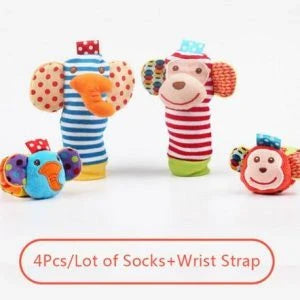 Soft, cuddly plush rattle toy in vibrant animal shapes with Velcro wrist strap for infants and newborns
