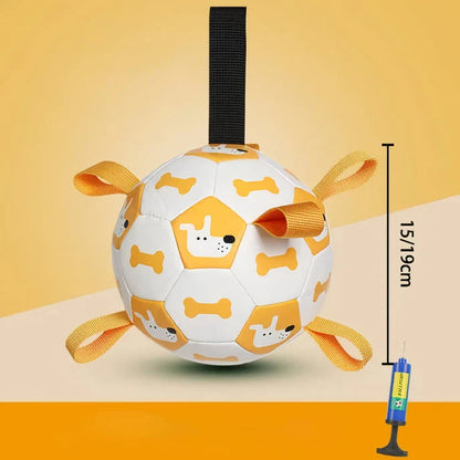 A durable leather football-shaped dog toy with grab tabs, perfect for interactive play and chewing