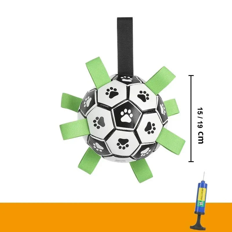 A durable leather football-shaped dog toy with grab tabs, perfect for interactive play and chewing