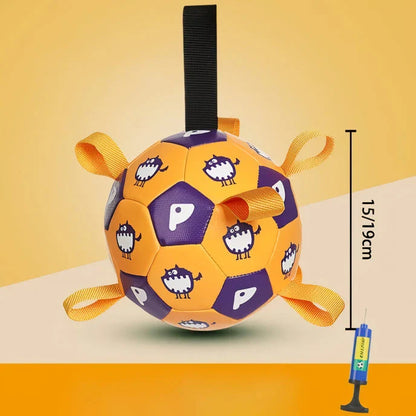 A durable leather football-shaped dog toy with grab tabs, perfect for interactive play and chewing