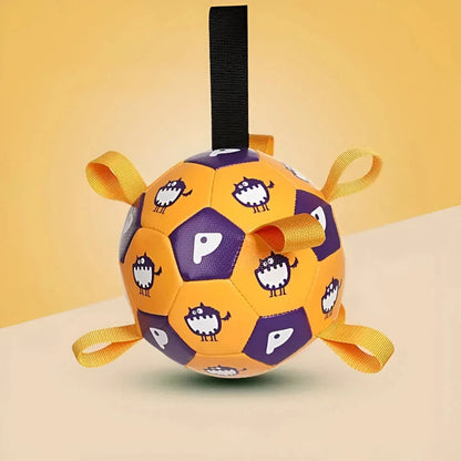 A durable leather football-shaped dog toy with grab tabs, perfect for interactive play and chewing