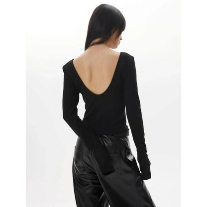 A chic backless long sleeve slim top for women in a solid pattern, perfect for casual and formal occasions.
