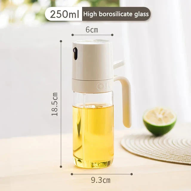 250ml high borosilicate glass oil spray bottle with ergonomic handle and misting nozzle for precise oil application in cooking