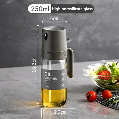 250ml high borosilicate glass oil spray bottle with ergonomic handle and misting nozzle for precise oil application in cooking