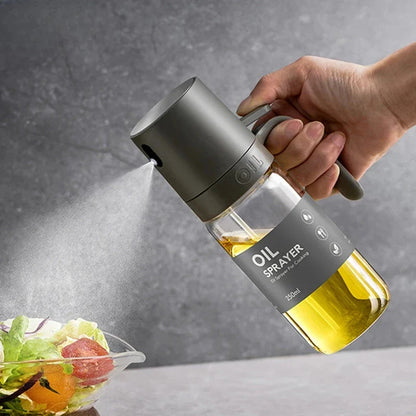 250ml high borosilicate glass oil spray bottle with ergonomic handle and misting nozzle for precise oil application in cooking