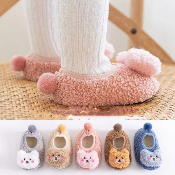 Autumn and Winter Thickened Baby Warm Floor Shoes Homewear in a variety of colors, including gray, khaki, pink, brown, and blue.