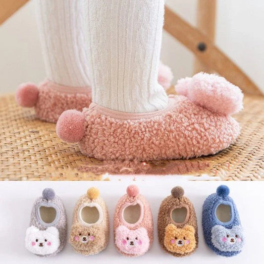 Autumn and Winter Thickened Baby Warm Floor Shoes Homewear in a variety of colors, including gray, khaki, pink, brown, and blue.