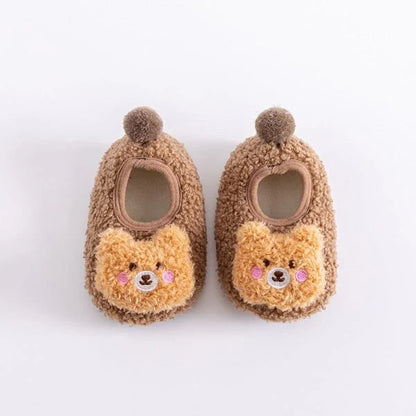Autumn and Winter Thickened Baby Warm Floor Shoes Homewear in a variety of colors, including gray, khaki, pink, brown, and blue.