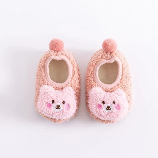 Autumn and Winter Thickened Baby Warm Floor Shoes Homewear in a variety of colors, including gray, khaki, pink, brown, and blue.