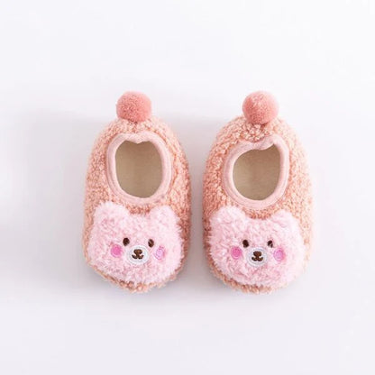 Autumn and Winter Thickened Baby Warm Floor Shoes Homewear in a variety of colors, including gray, khaki, pink, brown, and blue.