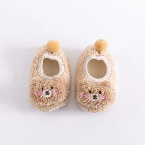 Autumn and Winter Thickened Baby Warm Floor Shoes Homewear in a variety of colors, including gray, khaki, pink, brown, and blue.