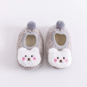 Autumn and Winter Thickened Baby Warm Floor Shoes Homewear in a variety of colors, including gray, khaki, pink, brown, and blue.