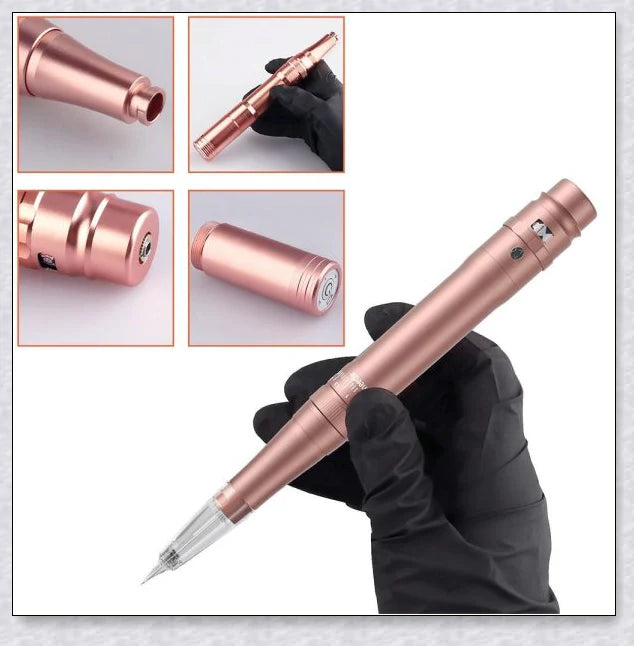 Professional wireless permanent makeup machine pen in various colors, including rose gold, black, blue, yellow, red, silver, and brown