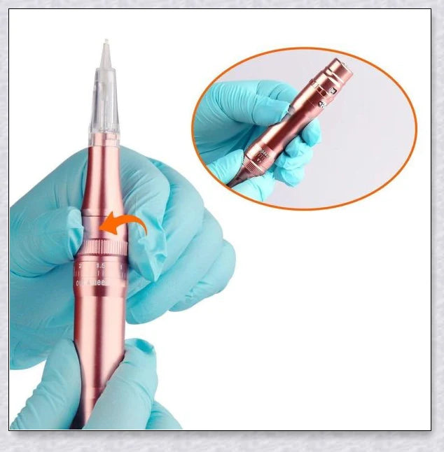 Professional wireless permanent makeup machine pen in various colors, including rose gold, black, blue, yellow, red, silver, and brown