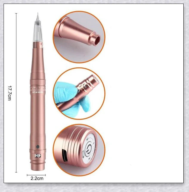 Professional wireless permanent makeup machine pen in various colors, including rose gold, black, blue, yellow, red, silver, and brown
