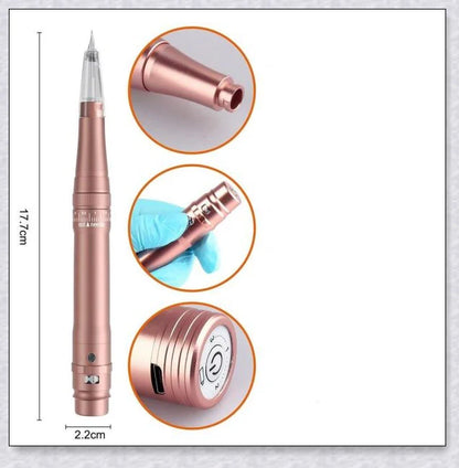 Professional wireless permanent makeup machine pen in various colors, including rose gold, black, blue, yellow, red, silver, and brown