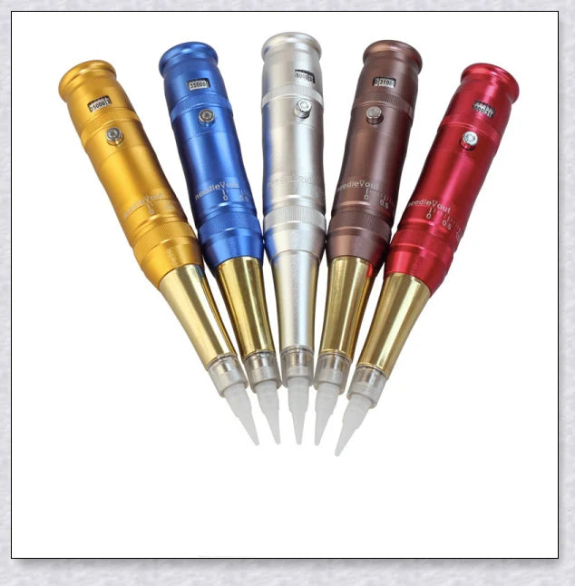 Professional wireless permanent makeup machine pen in various colors, including rose gold, black, blue, yellow, red, silver, and brown